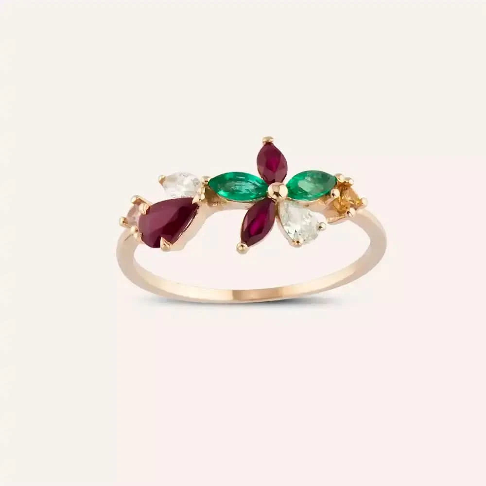 Pırlanta, Yakut ve Zümrüt Taşlı Rose Altın Çiçek Yüzük