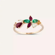 Pixie Pırlanta, Yakut ve Zümrüt Taşlı Rose Altın Çiçek Yüzük