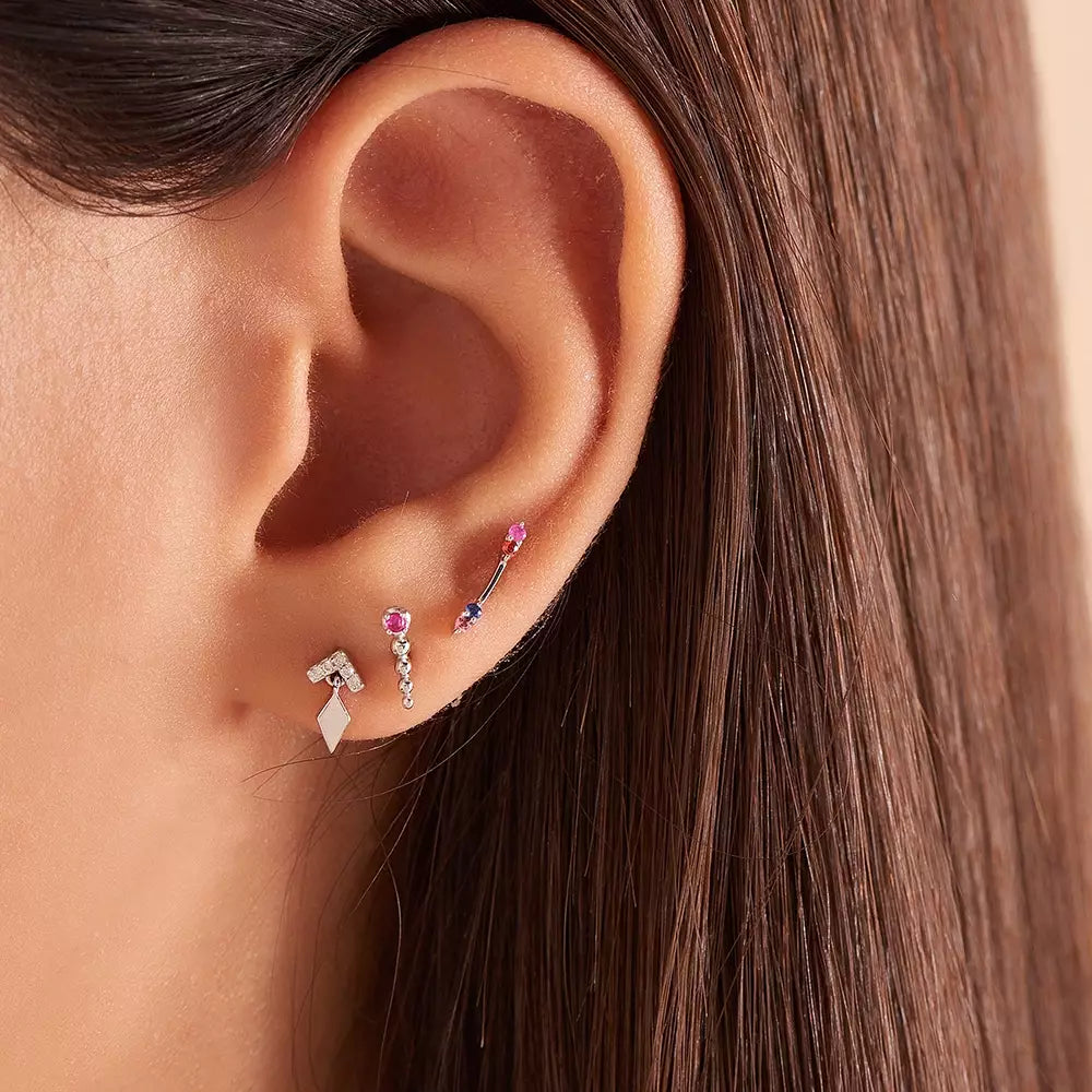 Point Pink Safir Taşlı Beyaz Altın Tek Küpe