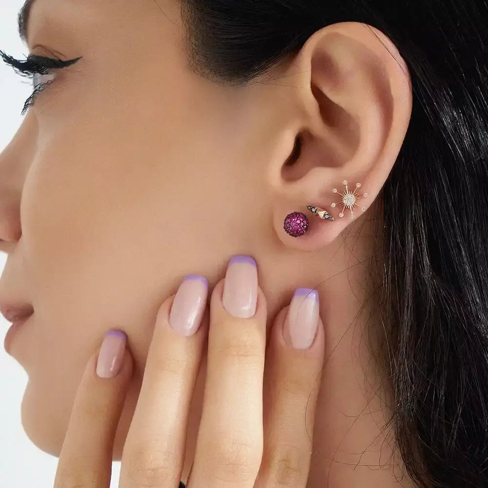 Pointed Siyah Pırlanta Taşlı Rose Altın Tek Küpe