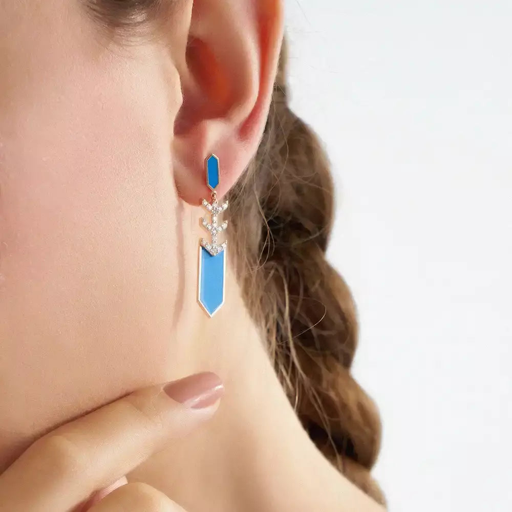 Pole Pırlanta Taşlı ve Mavi Mineli Rose Altın Küpe