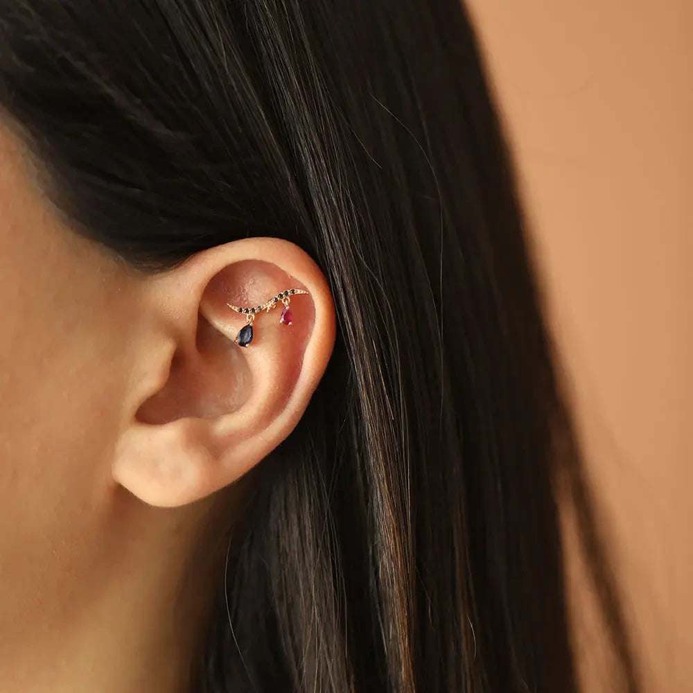 Pyxis Siyah Pırlanta, Yakut ve Safir Taşlı Rose Altın Piercing