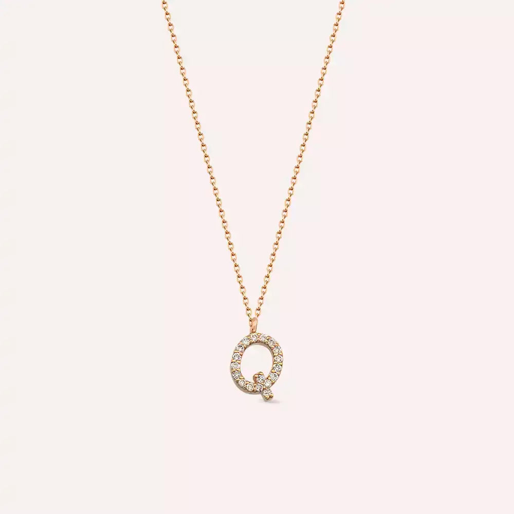 Q Harf 0.12 CT Pırlanta Taşlı Rose Altın Kolye