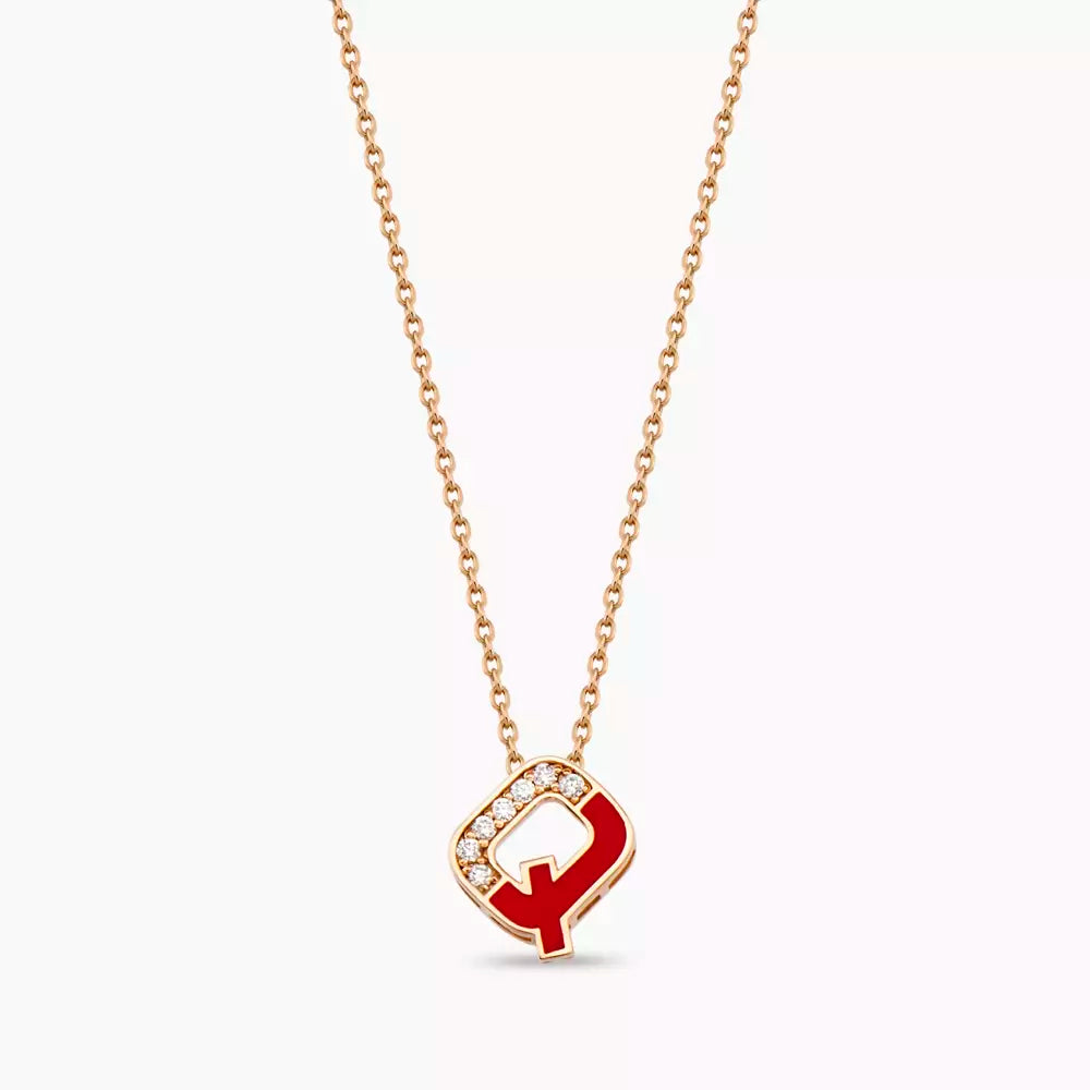 Q Harf Pırlanta Taşlı ve Kırmızı Mineli Rose Altın Kolye
