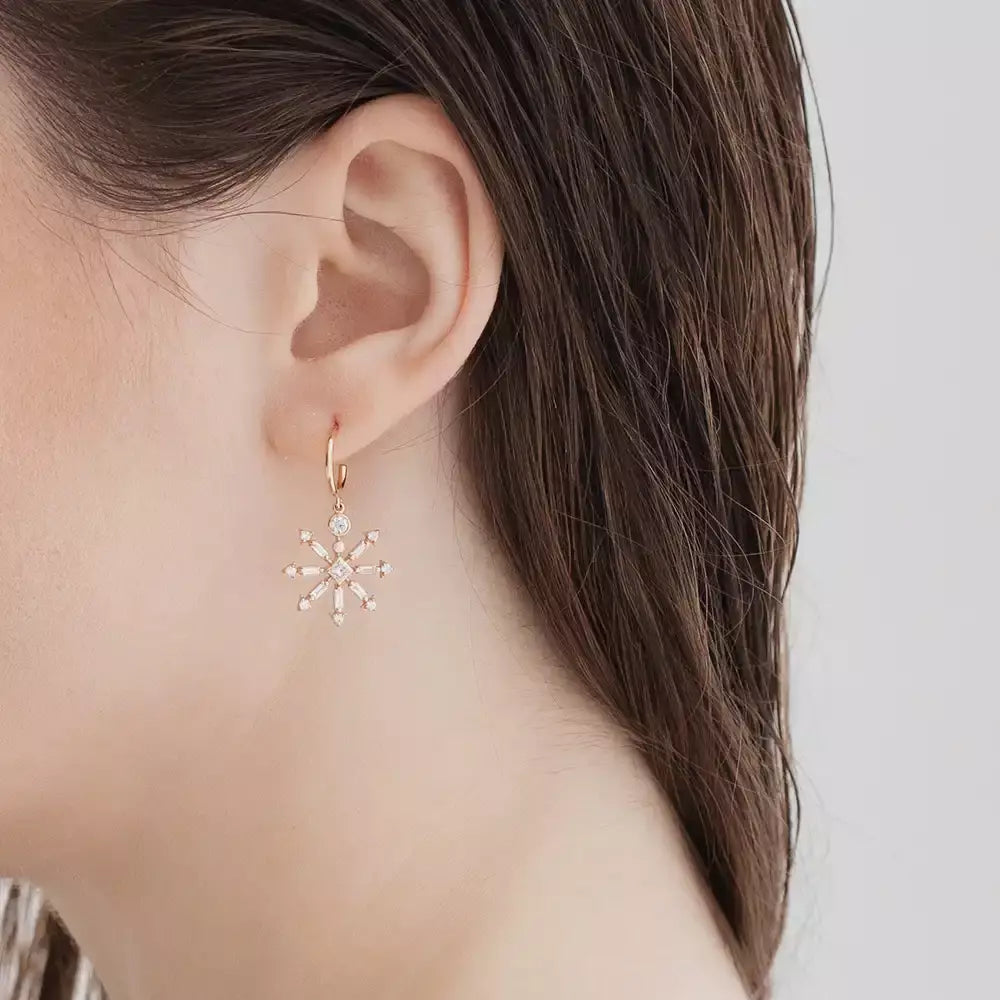 Quill Baget Kesim Pırlanta Taşlı Rose Altın Küpe