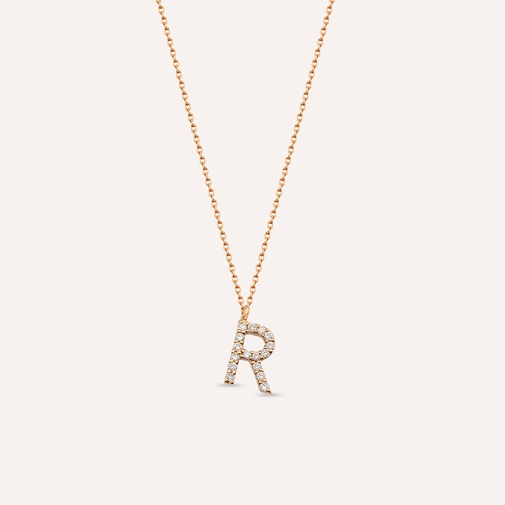 R Harf 0.10 CT Pırlanta Taşlı Rose Altın Kolye