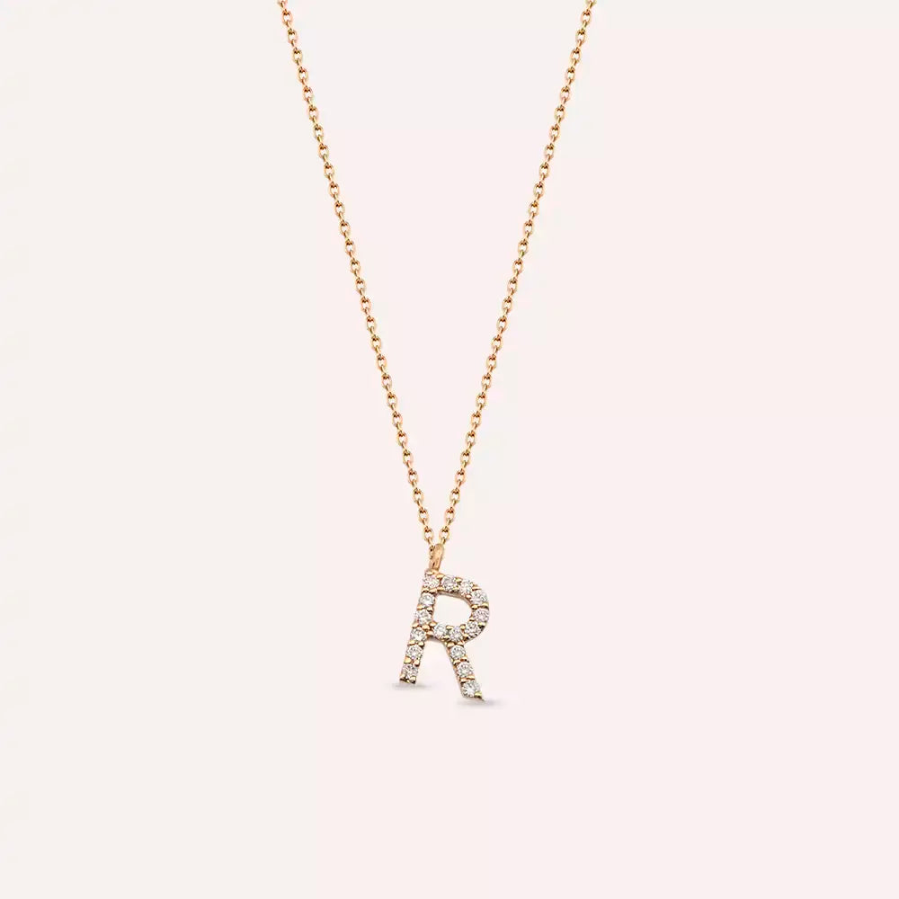 R Harf 0.10 CT Pırlanta Taşlı Rose Altın Kolye