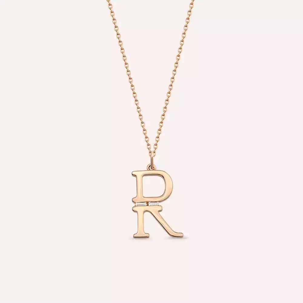 R Harf Baget Pırlanta Taşlı Rose Altın Kolye