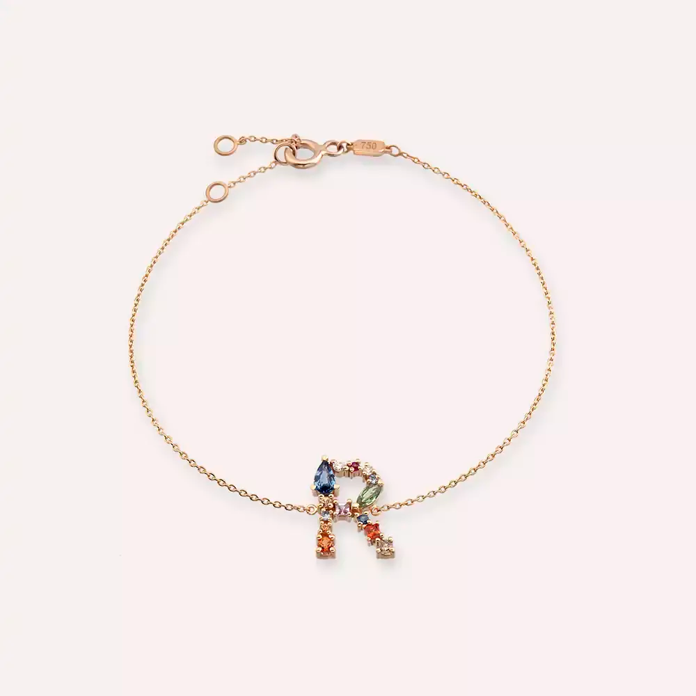 R Harf Brown Pırlanta ve Multicolor Safir Taşlı Bileklik