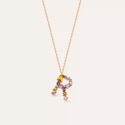 R Harf Brown Pırlanta ve Multicolor Safir Taşlı Rose Altın Kolye