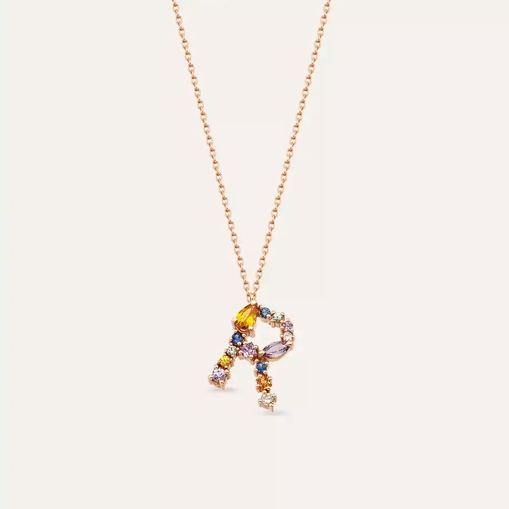 R Harf Brown Pırlanta ve Multicolor Safir Taşlı Rose Altın Kolye