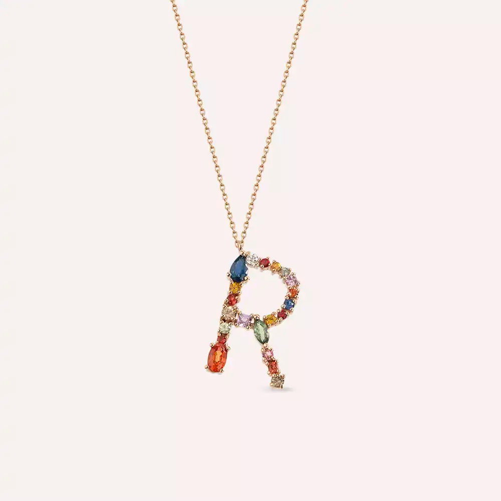 R Harf Multicolor Safir ve Pırlanta Taşlı Rose Altın Kolye