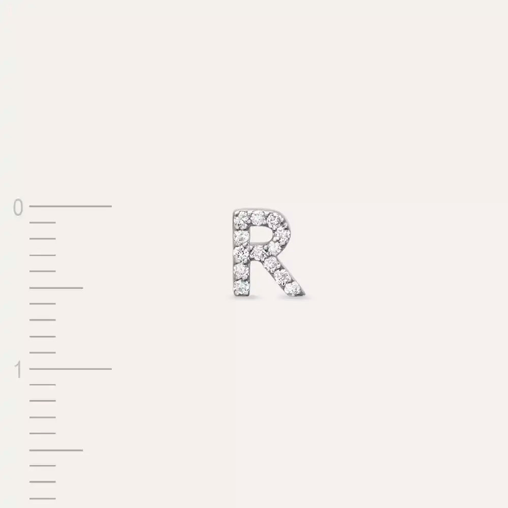 R Harf Pırlanta Taşlı Beyaz Altın Tek Küpe