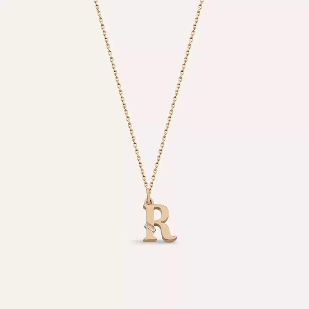 R Harf Pırlanta Taşlı Rose Altın Kolye