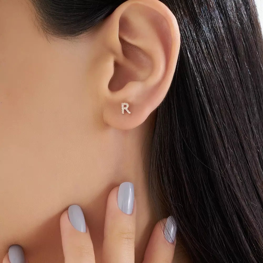 R Harf Pırlanta Taşlı Rose Altın Tek Küpe