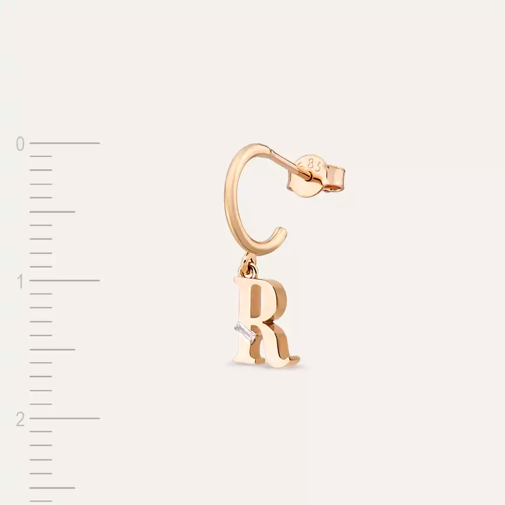 R Harf Pırlanta Taşlı Rose Altın Tek Küpe