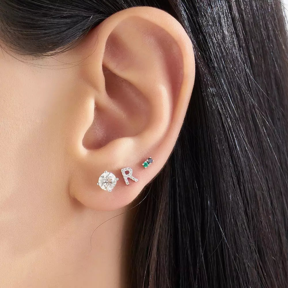 R Harf Pırlanta Taşlı Sarı Altın Tek Küpe