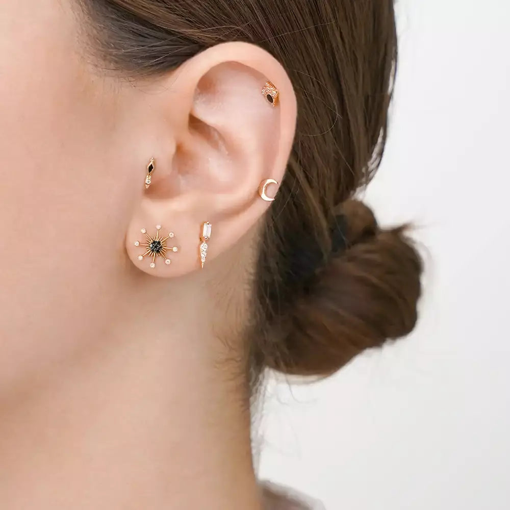 Riba Pırlanta Taşlı ve Siyah Mineli Rose Altın Piercing