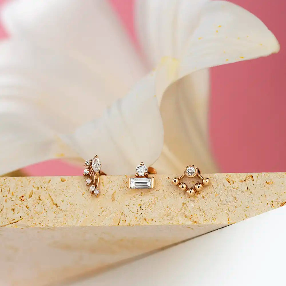 Rina Pırlanta Taşlı Rose Altın Piercing