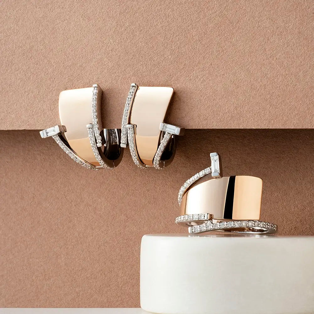 Rivet 0.37 CT Baget Kesim Pırlanta Taşlı Rose ve Beyaz Altın Yüzük