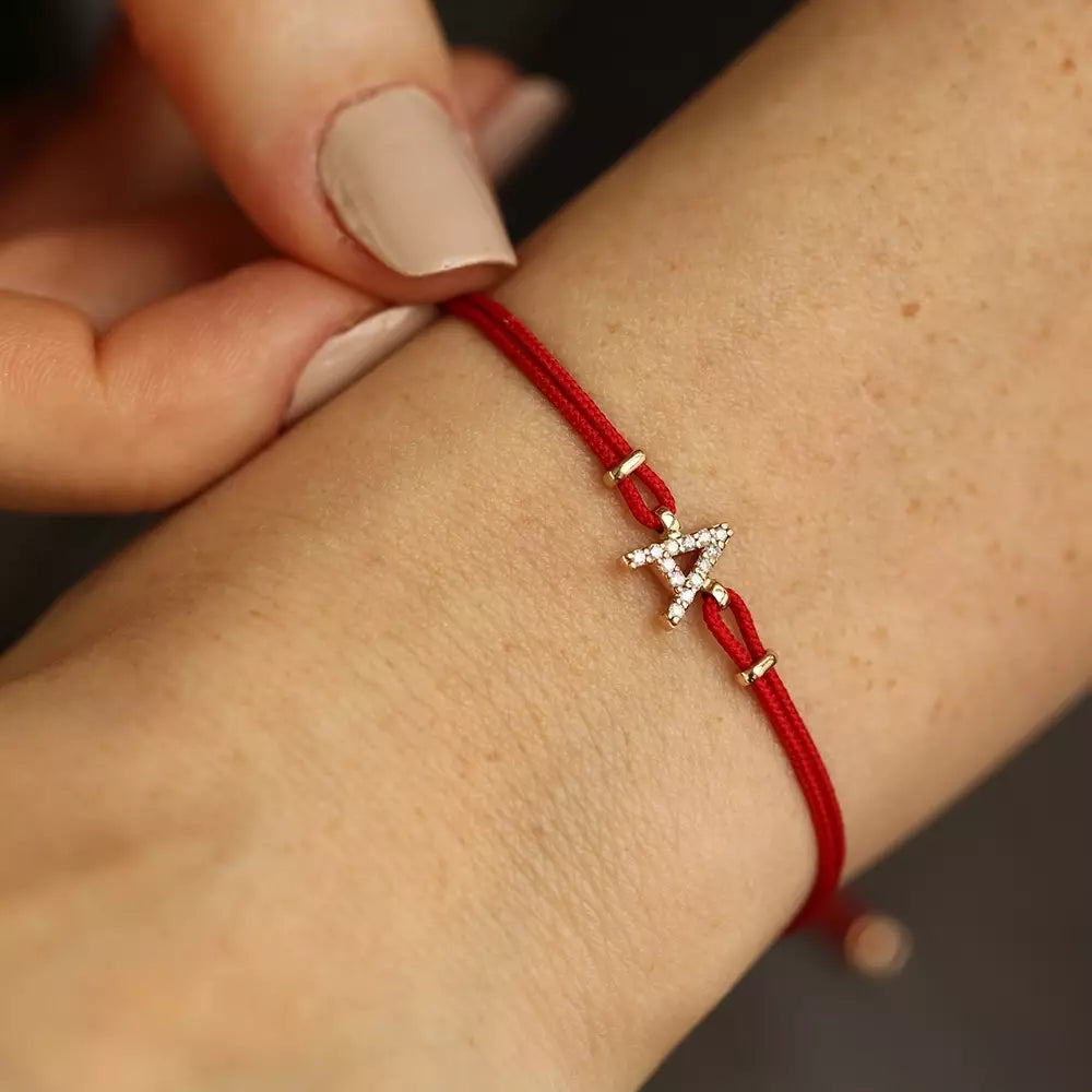 Pırlanta Taşlı Rose Altın Harfli İp Bileklik