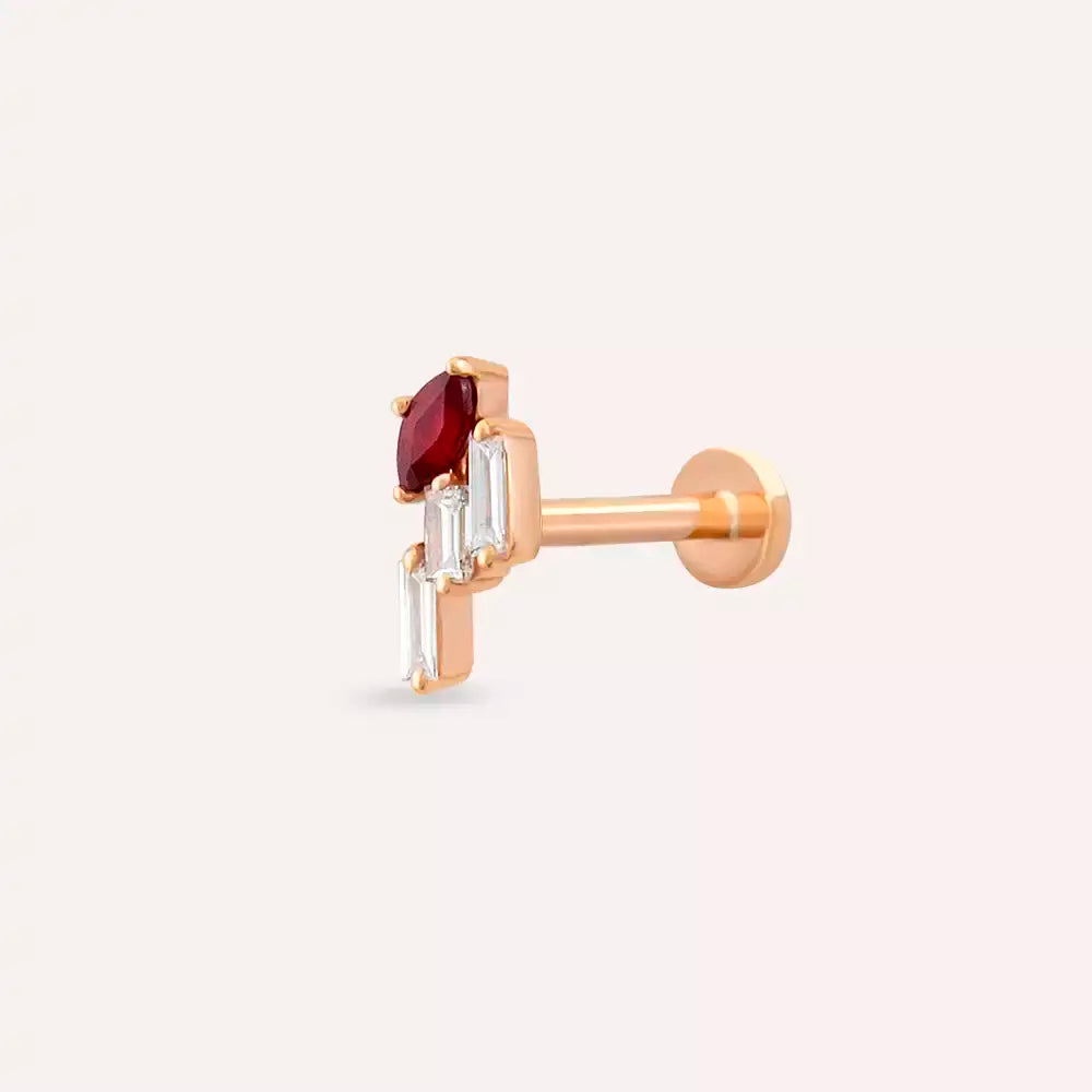 Rossa Red Safir ve Pırlanta Taşlı Rose Altın Piercing