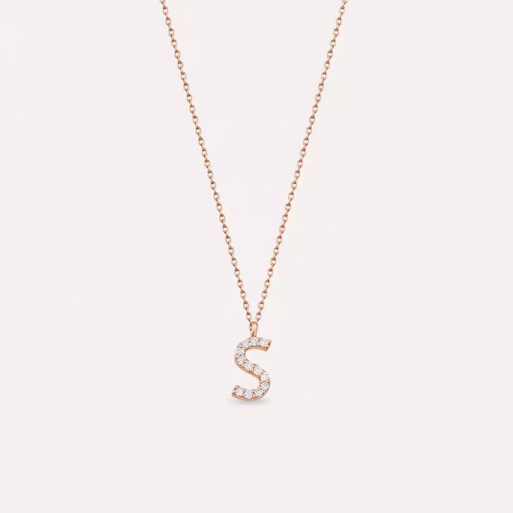 S Harf 0.06 CT Pırlanta Taşlı Rose Altın Kolye