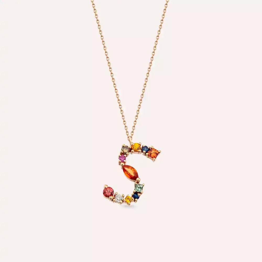 S Harf Brown Pırlanta ve Multicolor Safir Taşlı Rose Altın Kolye