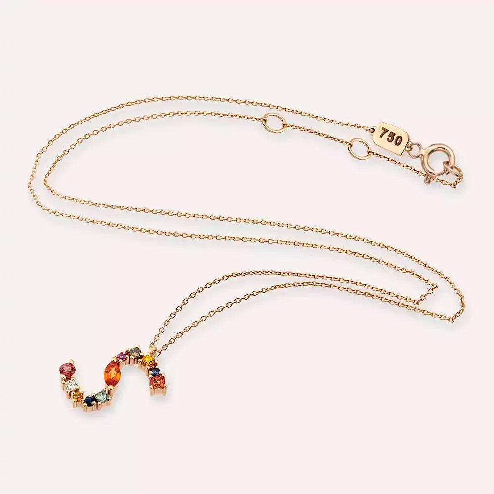 S Harf Brown Pırlanta ve Multicolor Safir Taşlı Rose Altın Kolye