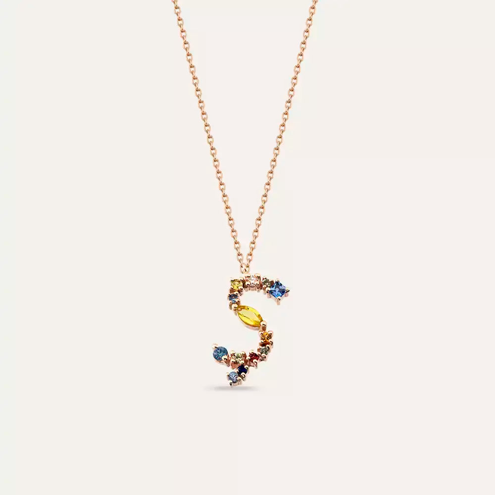 Ş Harf Brown Pırlanta ve Multicolor Safir Taşlı Rose Altın Kolye