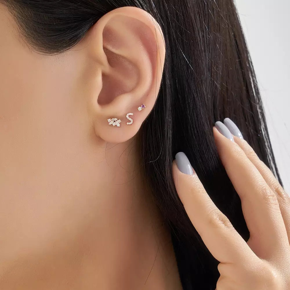 S Harf Pırlanta Taşlı Rose Altın Tek Küpe