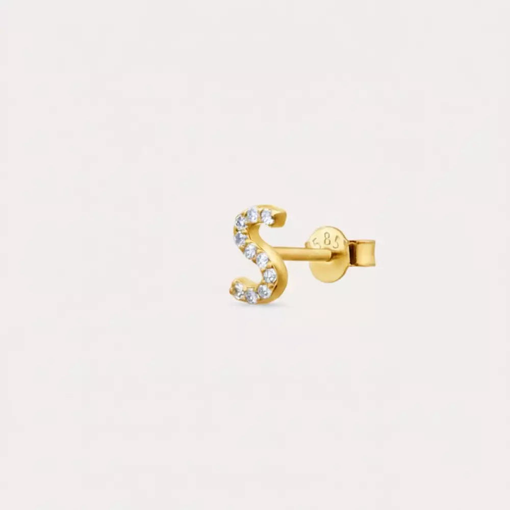 S Harf Pırlanta Taşlı Sarı Altın Tek Küpe