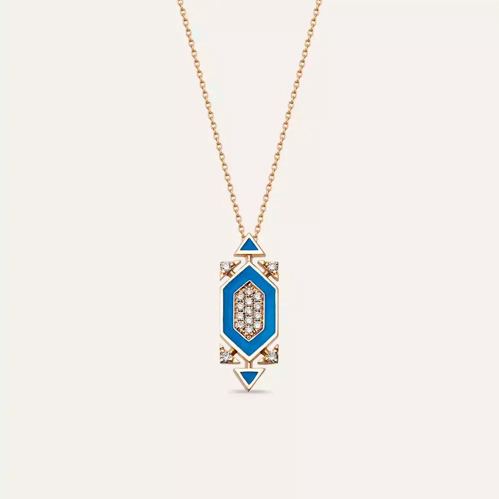 Salm Pırlanta Taşlı ve Mavi Mineli Rose Altın Kolye
