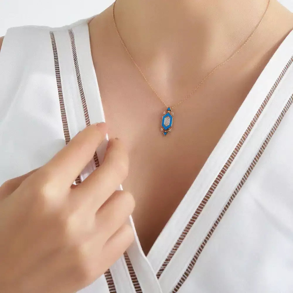 Salm Pırlanta Taşlı ve Mavi Mineli Rose Altın Kolye