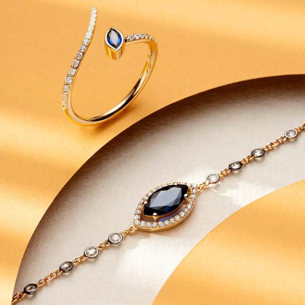 Savia Pırlanta ve Safir Taşlı Rose Altın Yüzük