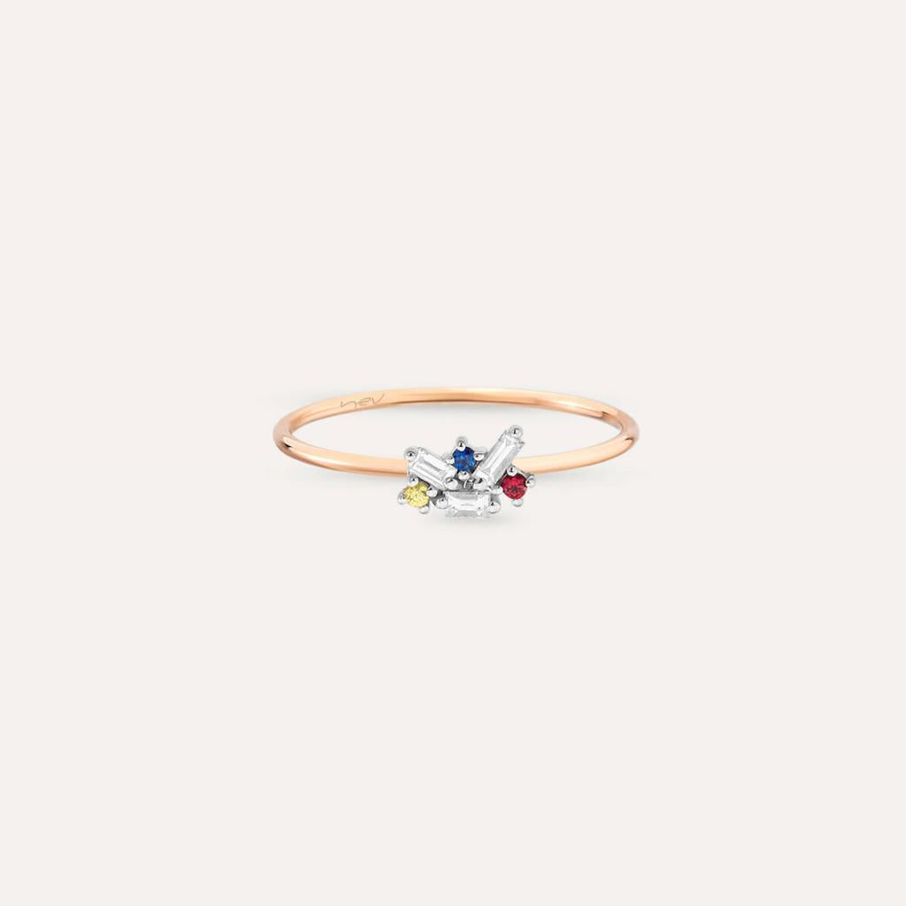 Seed 0.09 CT Multicolor Safir ve Baget Pırlanta Taşlı Yüzük