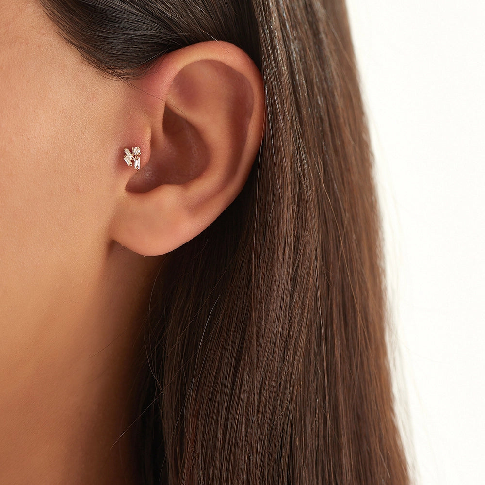 Seed 0.10 CT Baget Pırlanta Taşlı Rose Altın Piercing