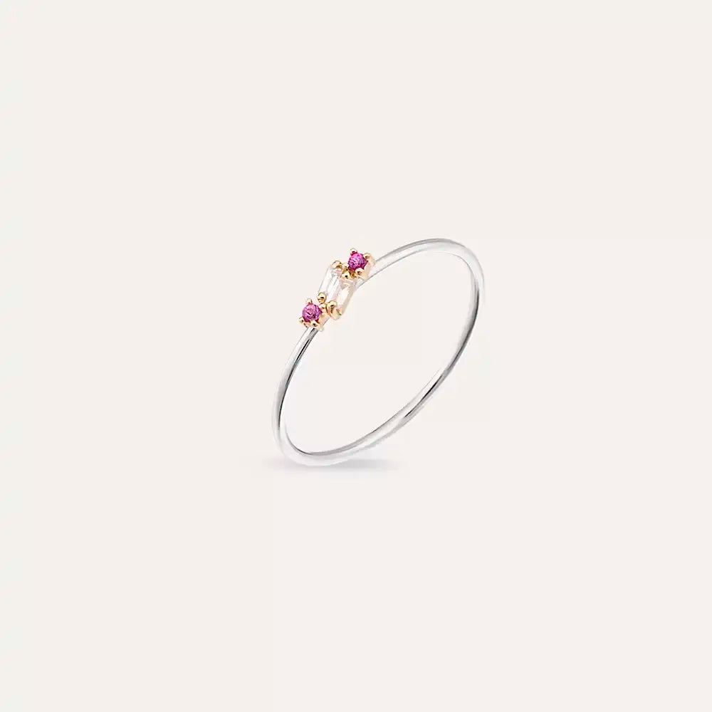 Seed 0.07 CT Pink Safir ve Baget Pırlanta Taşlı Yüzük