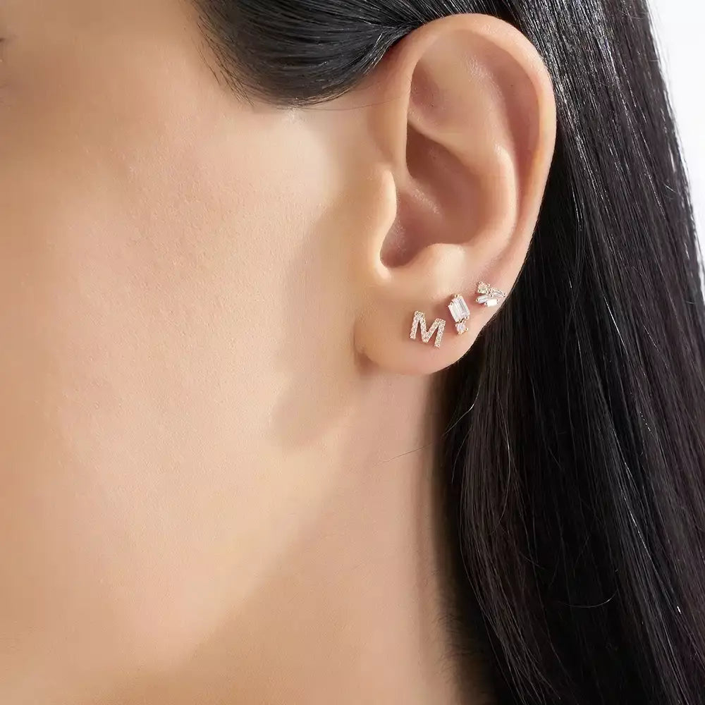 Seed 0.08 CT Baget Pırlanta Taşlı Rose Altın Mini Tek Küpe