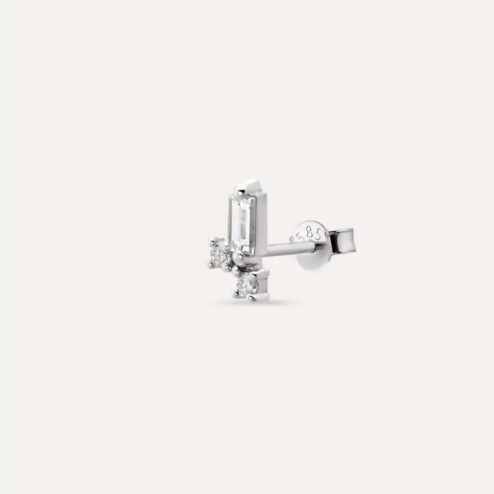 Seed 0.09 CT Baget Pırlanta Taşlı Beyaz Altın Mini Tek Küpe