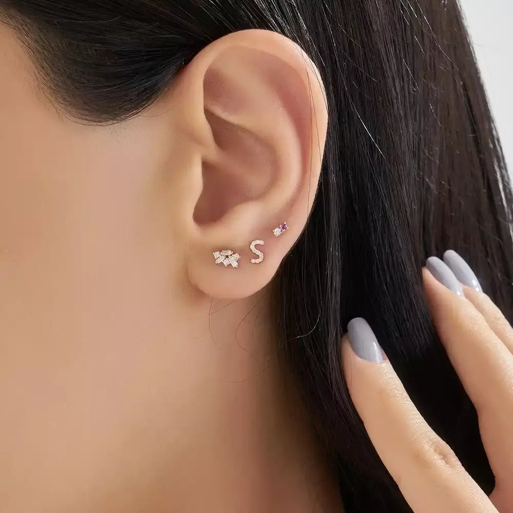 Micra  0.10 CT Baget Pırlanta Taşlı Rose Altın Mini Tek Küpe