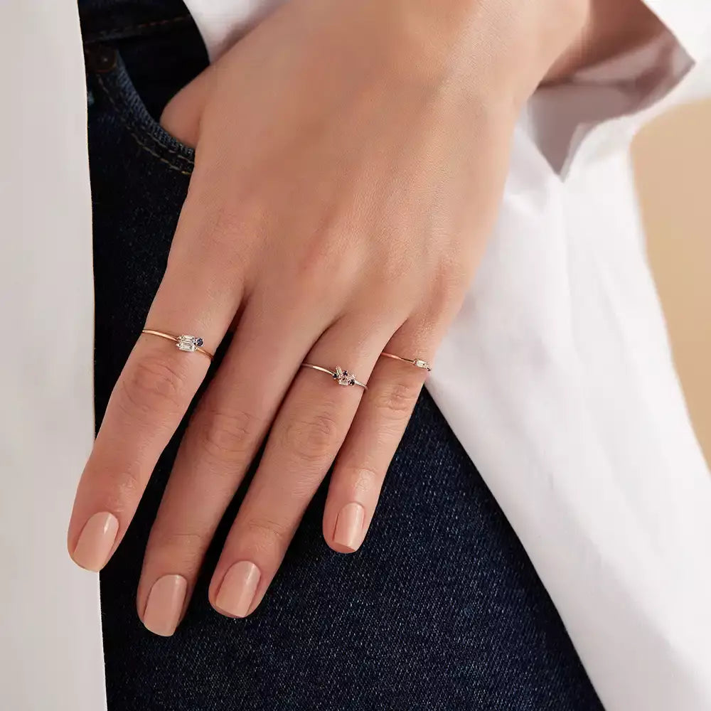 Seed 0.17 CT Blue Safir ve Baget Pırlanta Taşlı Yüzük