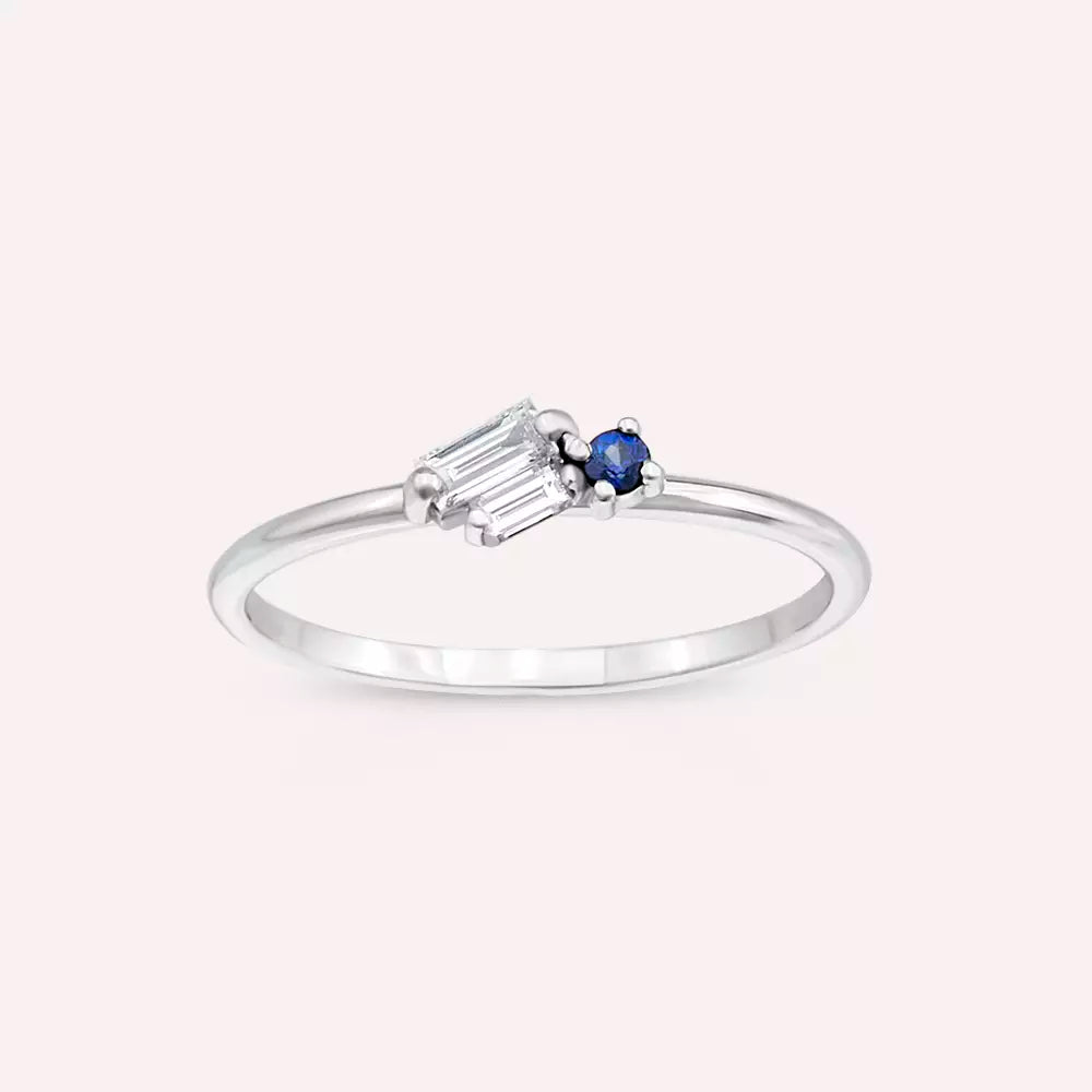 Micra 0.17 CT Safir ve Baget Pırlanta Taşlı Beyaz Altın Yüzük