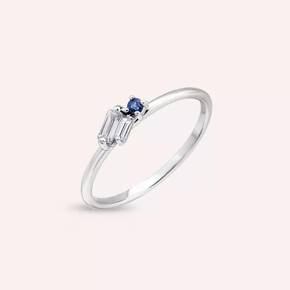 Micra 0.17 CT Safir ve Baget Pırlanta Taşlı Beyaz Altın Yüzük