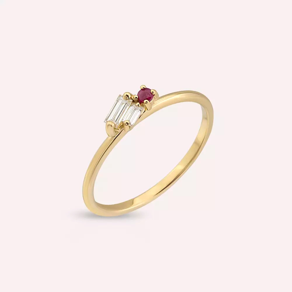 Micra  0.19 CT Yakut ve Baget Pırlanta Taşlı Sarı Altın Yüzük