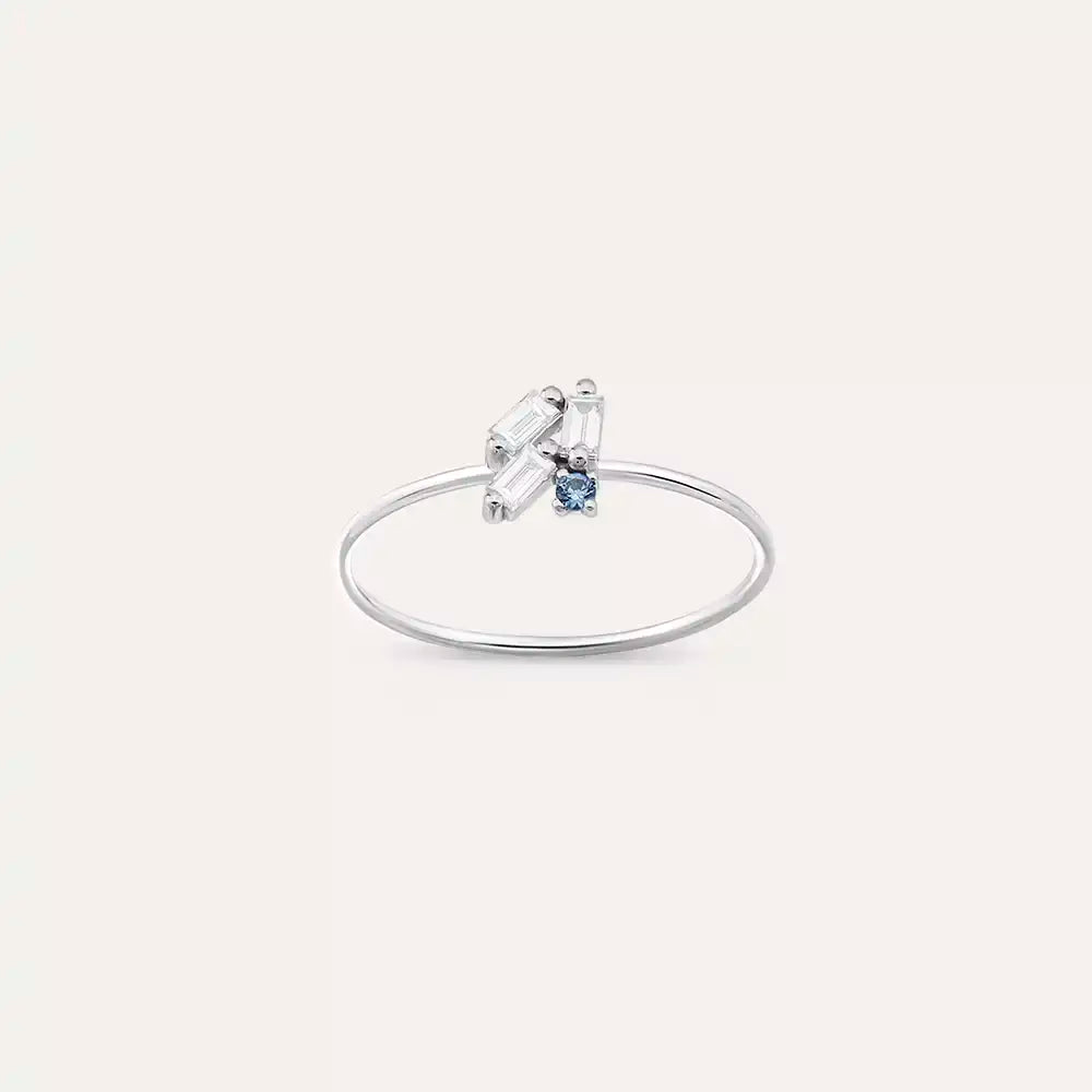 Seed 0.22 CT Blue Safir ve Baget Pırlanta Taşlı Beyaz Altın Yüzük