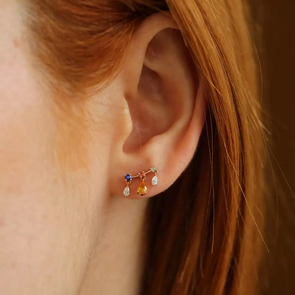 Shake Multicolor Safir ve Pırlanta Taşlı Rose Altın Tek Küpe