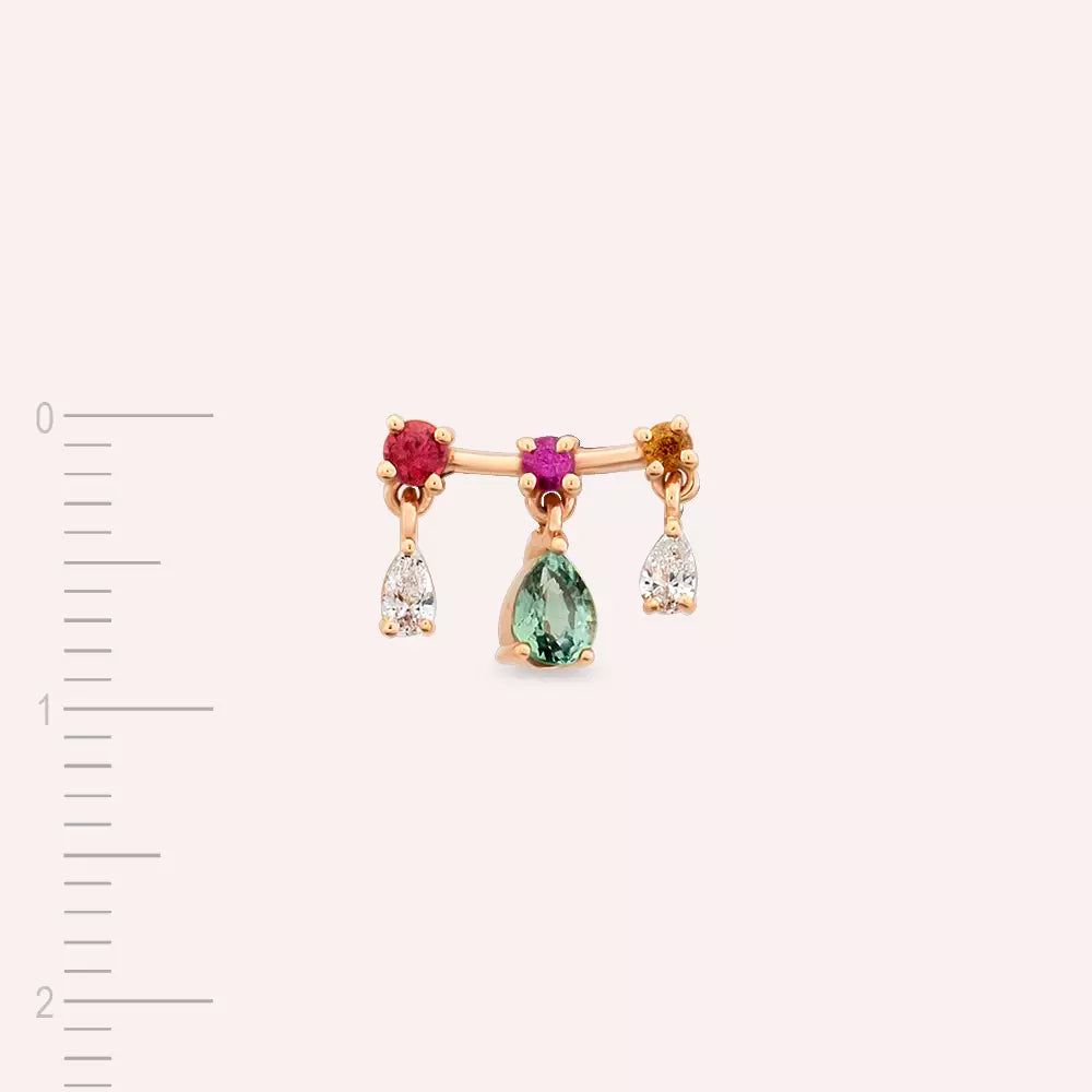 Shake Pırlanta ve Multicolor Safir Taşlı Rose Altın Tek Küpe