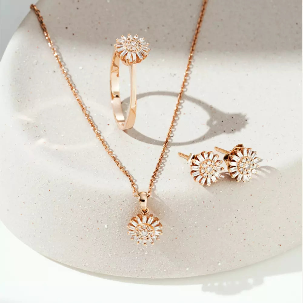 Shiny Baget Kesim Pırlanta Taşlı Rose Altın Küpe