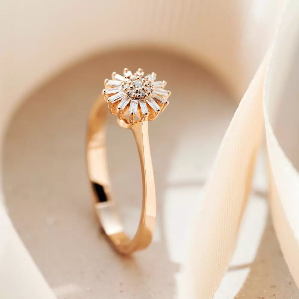 Shiny Baget Kesim Pırlanta Taşlı Rose Altın Yüzük